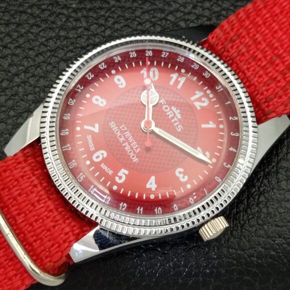 Vintage 1982 Fortis Manual Mens Silver Watch W/Nato Strap & Red accents - Picture 6 of 9